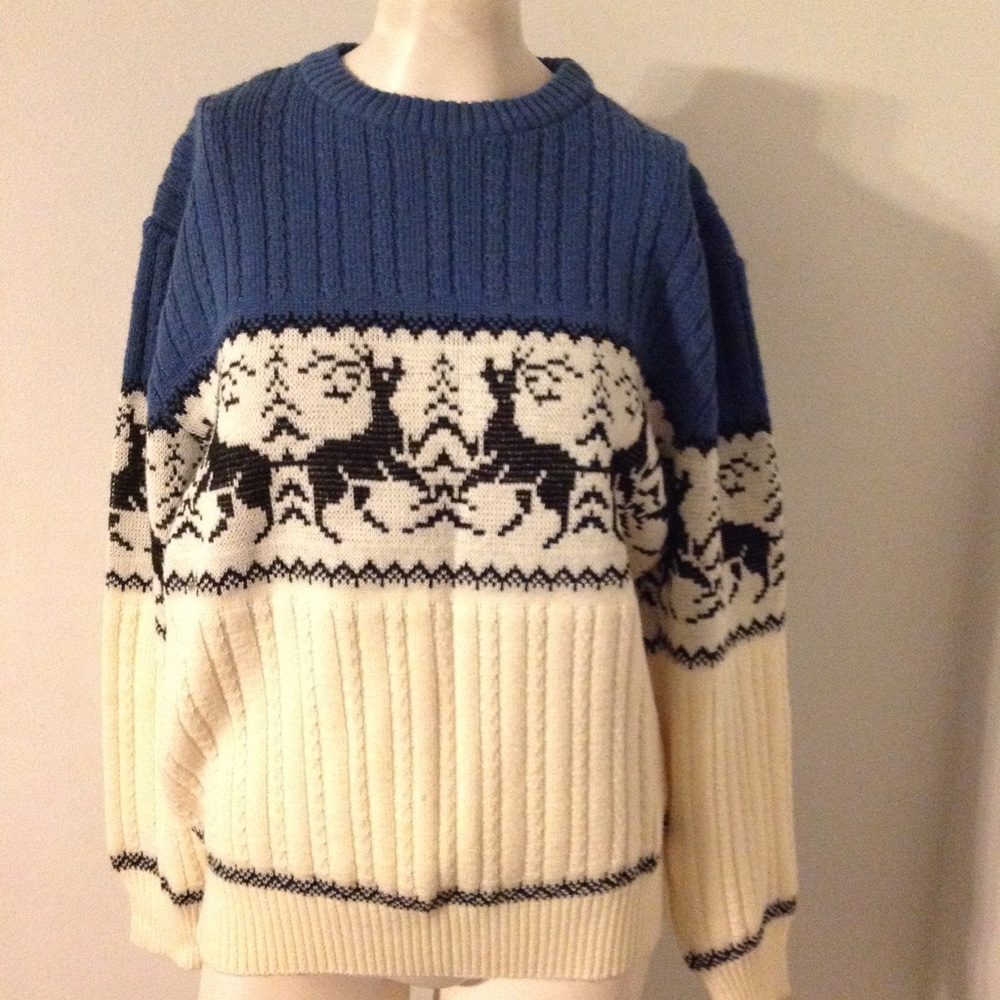 Vintage Blue, Cream and Black Reindeer Pattern Sweater